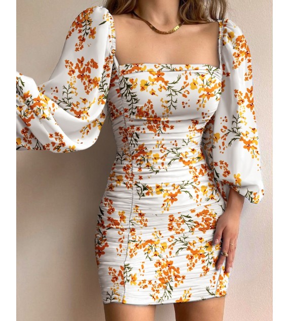 Floral Print Lantern Sleeve Ruched Bodycon Dress
