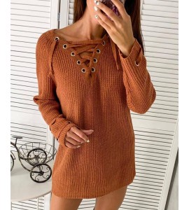 Knit Eyelet Lace Up Long Sleeve Dress