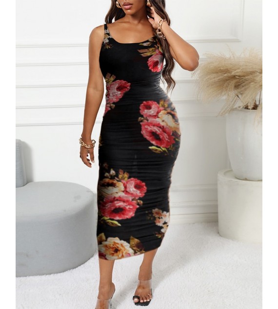 Floral Print Sleeveless Top & Ruche Skirt Sets