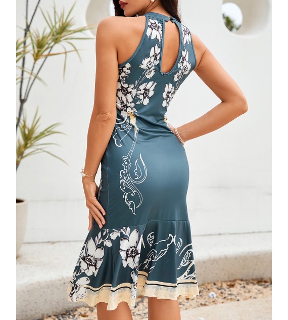 Floral Print Cutout Back High Neck Mermaid Dress