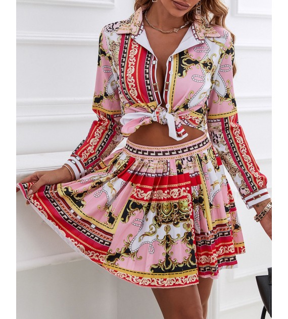 Scarf Print Button Design Shirt & Pleated Skirt Set