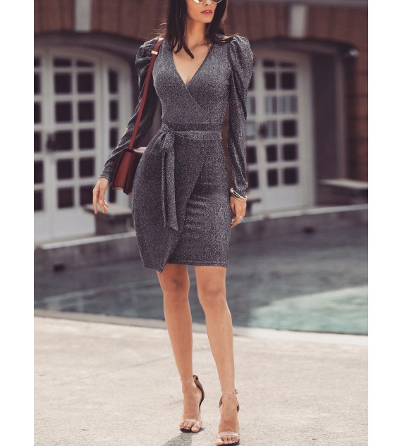 Glittering Tied Waist Wrap Bodycon Women Dress