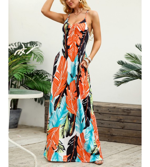 V Neck Dresses Leaf Print Casual Beach Party Swing Dress With Pockets