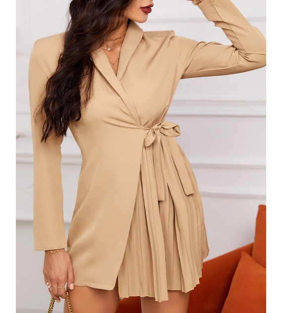 Solid Tie Detail Ruched Blazer Dress