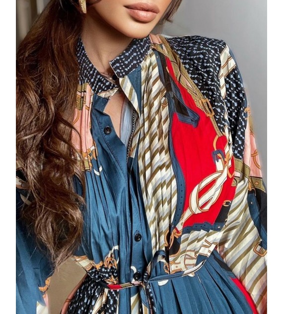 Chain Print Long Sleeve Ruched Shirt Dress