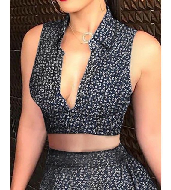 Floral Print Deep-V Top & Skirt Set