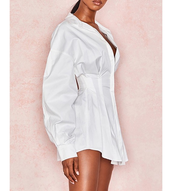 Lantern Sleeve Button Design Shirt Dress Without Corset