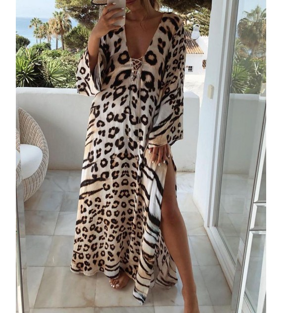 Cheetah Print Lace-up High Slit Maxi Dress
