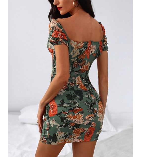Floral Square Neck Tie Front Dress