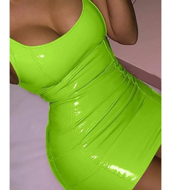 PU Leather Sleeveless Ruched ny Bodycon Dress