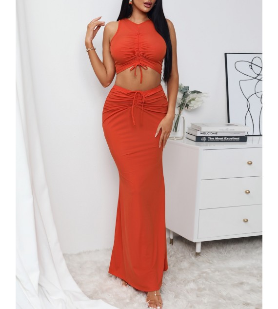 Ribbed Drawstring Sleeveless Top & Maxi Skirt Set