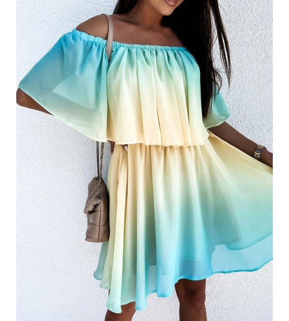 Off Shoulder Ombre Color Ruffles Casual Dress