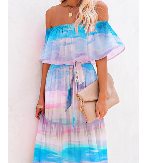 Colorful Off Shoulder Gradient Color Ruffles Maxi Dress