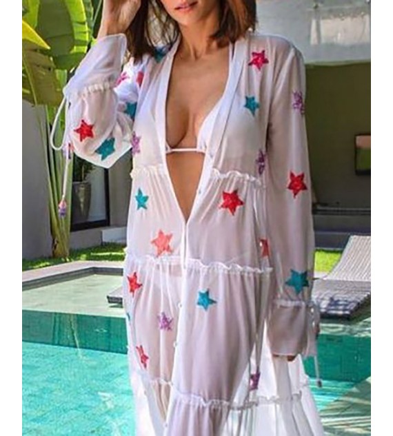 Star Print Mesh Frill Hem Cover Up Dress
