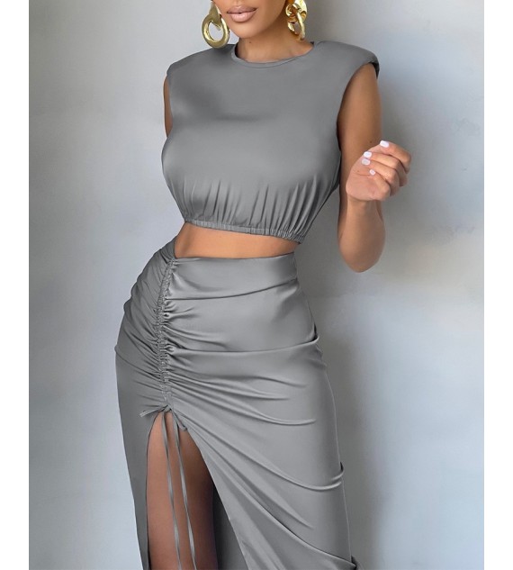 Keyhole Back Crop Tank Top & Drawstring Ruched Split Thigh Skirt Set