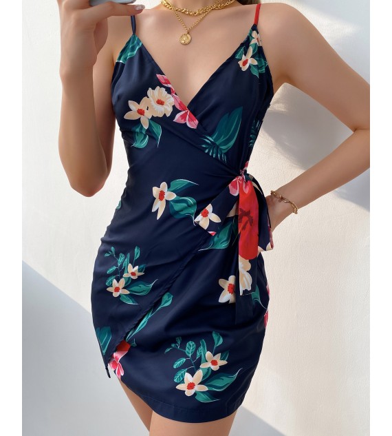 Floral Print V-Neck Wrap Tie Side Cami Dress