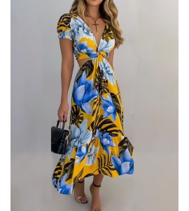 Floral Print Short Sleeve Loose Midi Dress