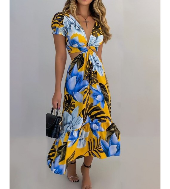 Floral Print Short Sleeve Loose Midi Dress