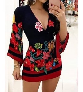 Plunge Bell Sleeve Floral Print Dress