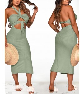 Solid Color Backless Cut-out Halter Sleeveless Knitted Maxi Dress