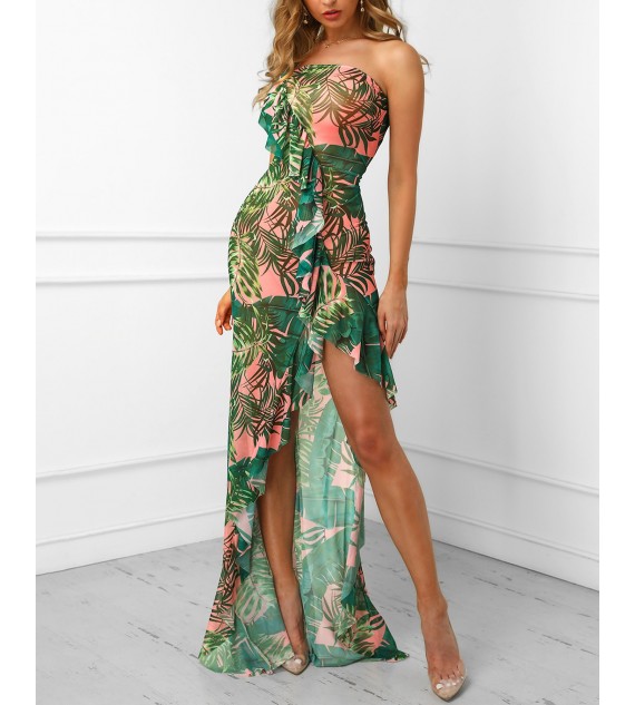 Leaf Printed Irregular Ruffles Hem Tube Dress