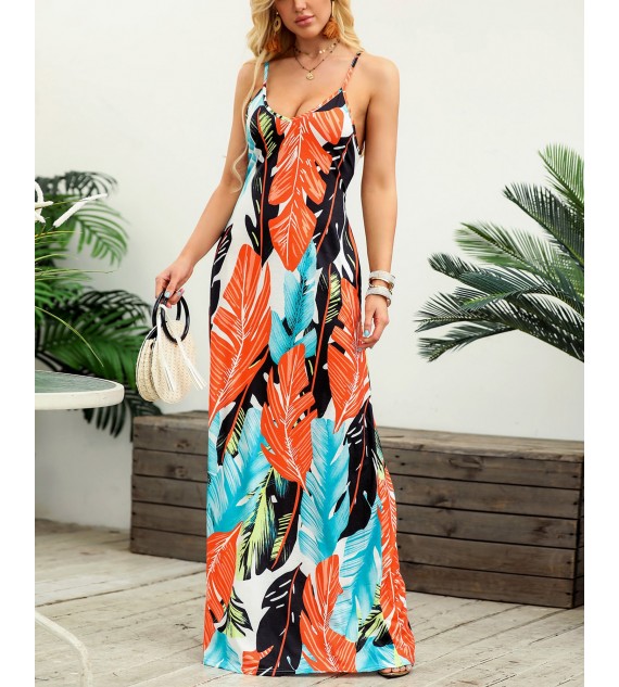 V Neck Dresses Leaf Print Casual Beach Party Swing Dress With Pockets