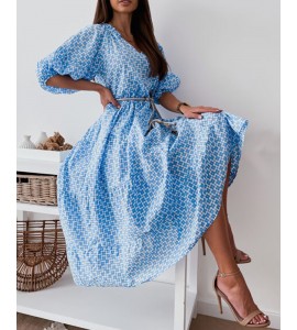 Lantern Sleeve Graphic Print Casual Dress