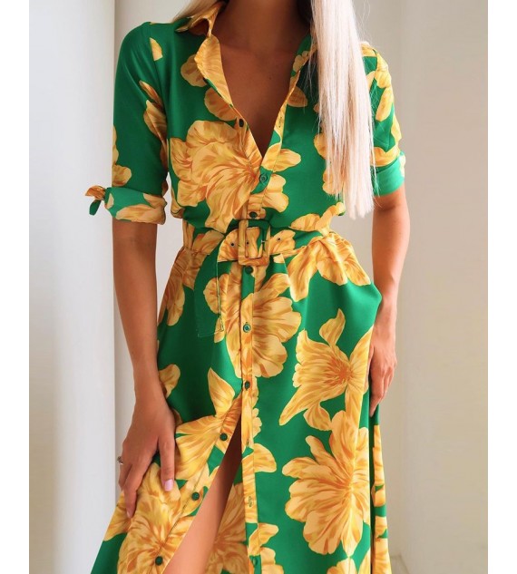 Floral Print Button Design Shirt Dress With Belt