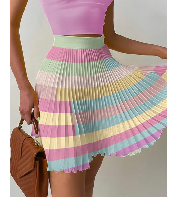 Sleeve Crop Top & Color Pleated Skirt Sets