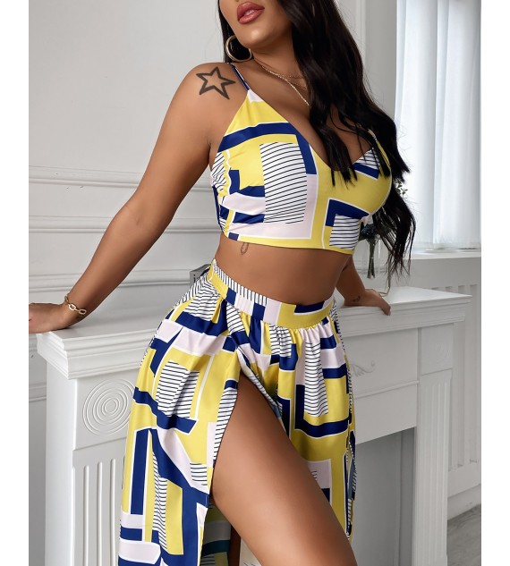 2 Pcs Crop Top & Maxi Skirt Set Sexy Color Women Sleeveless Vest & Geo Pattern High Slit Dress Suits