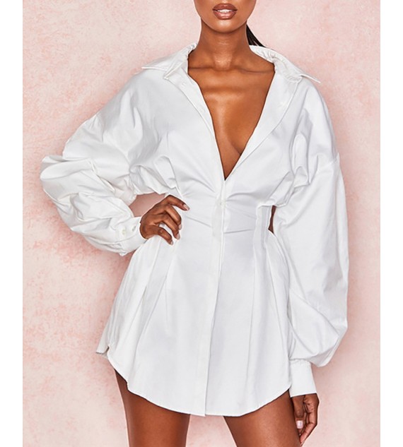 Lantern Sleeve Button Design Shirt Dress Without Corset