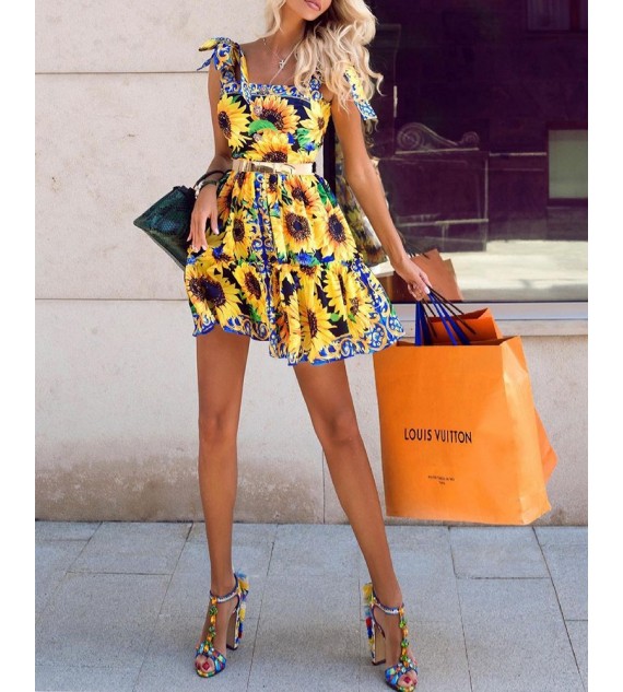 Tied Detail Sunflower Print Dress Without Belt