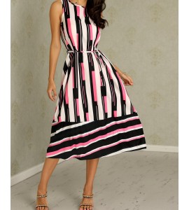 Stripes Splicing Tied Waist Maxi Women Dress