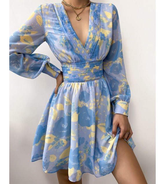 Floral Print V-Neck Long Sleeve Dress