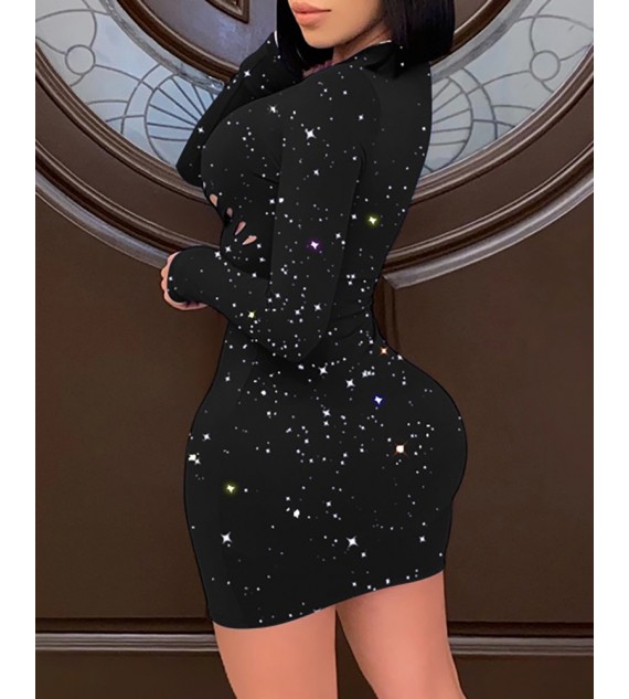 Ladder Cutout Glitter Long Sleeve Bodycon Women Dress