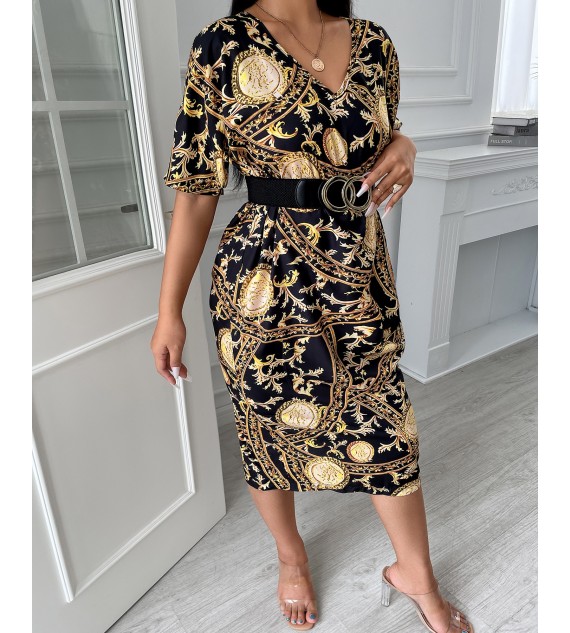 Baroque All Over Print V-Neck Casual Dress
