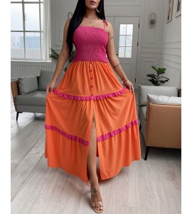 Shirred Frill Hem Buttoned Slit Color Maxi Dress