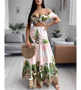 Tropical Print Hollow-out Design Off Shoulder V Neck Maxi Dress