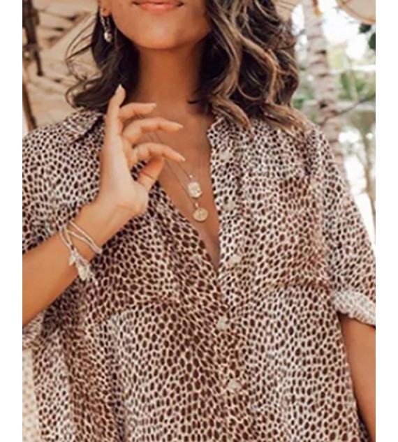 Cheetah Print Button Front Women Shirt Dress