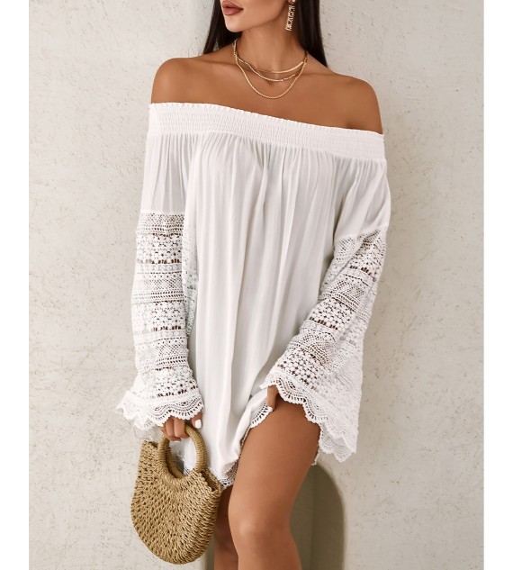 Scallop Lace Trim Bell Sleeve Casual Dress