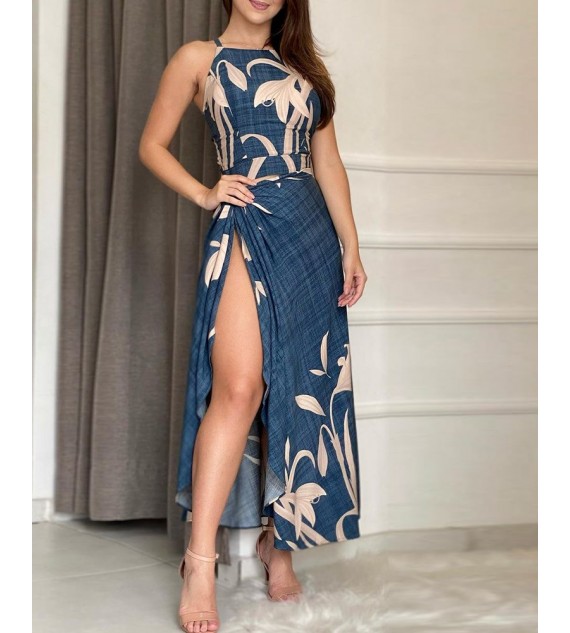 Tropical Print Top & High Slit Twisted Maxi Skirt Set