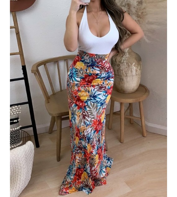 Tropical Print Patch Halter Sleeveless Maxi Dress
