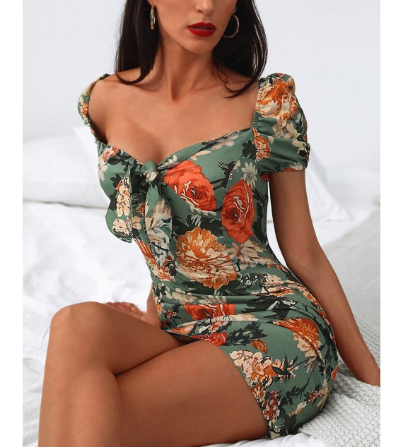 Floral Square Neck Tie Front Dress