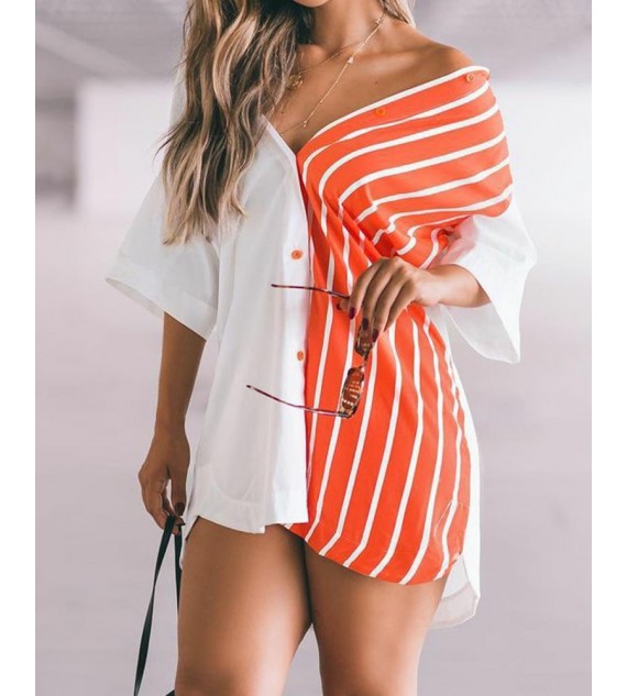 Striped Color Button Front Shirt Dress