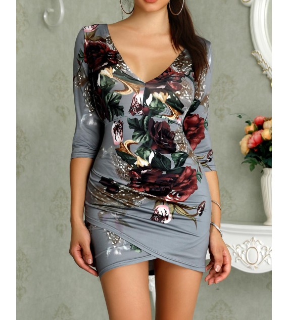 Asymmetric Floral Print Open Back Bodycon Dress