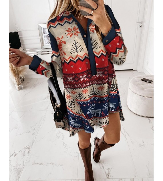 Christmas Print Buttoned Shirt Dress
