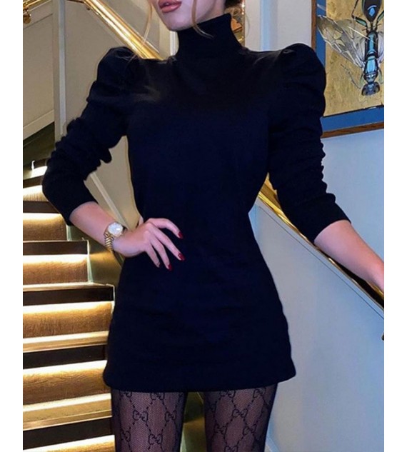 Plain Puff Sleeve Bodycon Women Dress