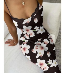 Sleeveless Sling Dress Cami Lace Collar Floral Print Straight Bodycon Dress