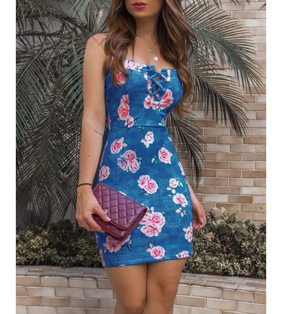 Thin Strap Floral Print Lace-Up Bodycon Dress