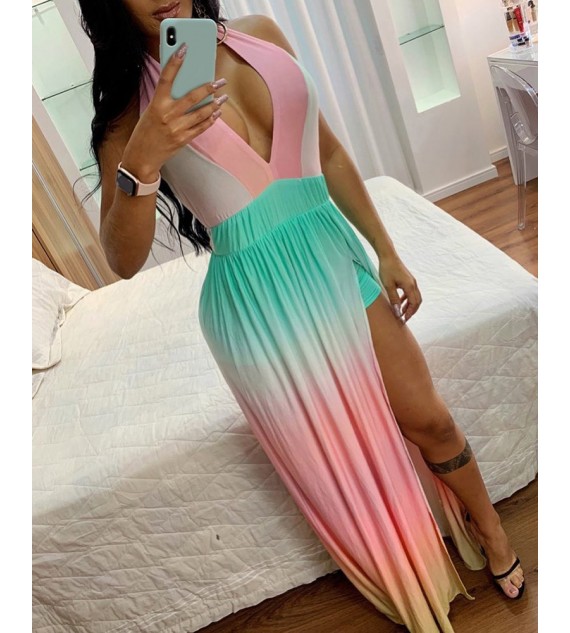 Color High Slit Ruched Plunge Maxi Dress